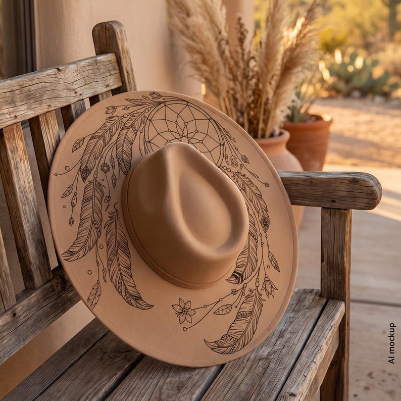 Dreamcatcher Hat Burning Design, Boho Western Hat Engraving Template with Feathers, PNG PDF image 6
