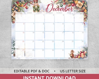 December 2026 Editable Calendar with Nutcracker, Printable Christmas Wall Planner, Storybook Watercolor
