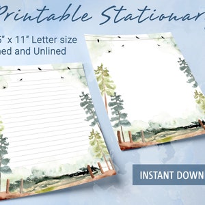 Papel de carta imprimible, papel de carta con acuarela de paisaje de bosque verde, papel de carta botánico, bloc de notas personalizado
