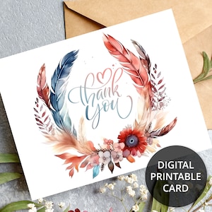 Biglietto di ringraziamento floreale stampabile con cornice di piume boho rustiche retrò, biglietto di ringraziamento, biglietto di ringraziamento per matrimonio