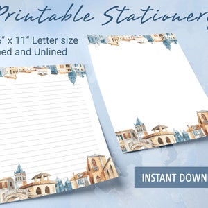 Papel rayado imprimible con edificios arquitectónicos mediterráneos, papel para escribir imprimible, plantilla de Goodnotes