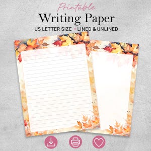 May include: Printable writing paper in US letter size, featuring a watercolor autumn leaf border in shades of orange, red, and yellow. The set includes two sheets: one with horizontal lines and one unlined, both with a white center area.