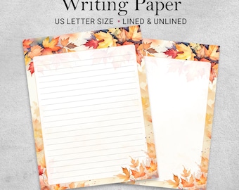 Fall Writing Paper Printable with Autumn Leaves Border, Lined & Unlined US Letter