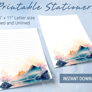 Druckbares Briefpapier liniertes Papier mit einer wunderschönen Aquarell Berglandschaft, bedruckbares Briefpapier, Goodnotes Vorlage