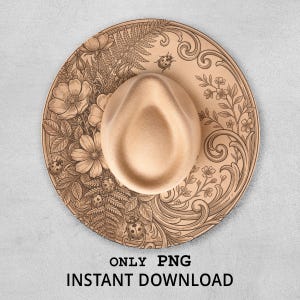 May include: A tan fedora hat with a decorative brim featuring floral and fern engravings, along with ladybug illustrations. The text "ONLY PNG INSTANT DOWNLOAD" is visible at the bottom.