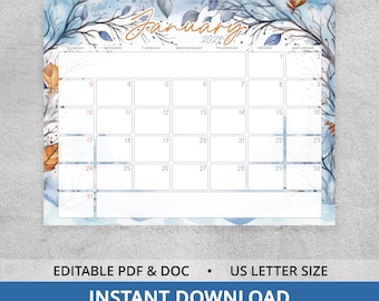 Editable January 2027 Wall Calendar with Winter Branches, Modern Minimalist Planner for Home or Office, Scandinavian Botanical Watercolor