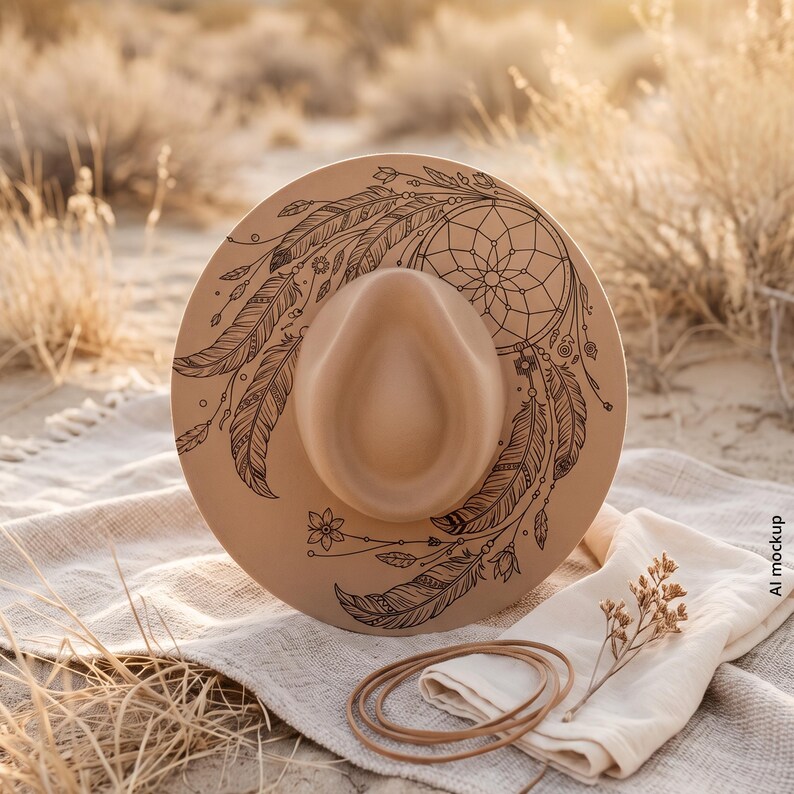 Dreamcatcher Hat Burning Design, Boho Western Hat Engraving Template with Feathers, PNG PDF image 5