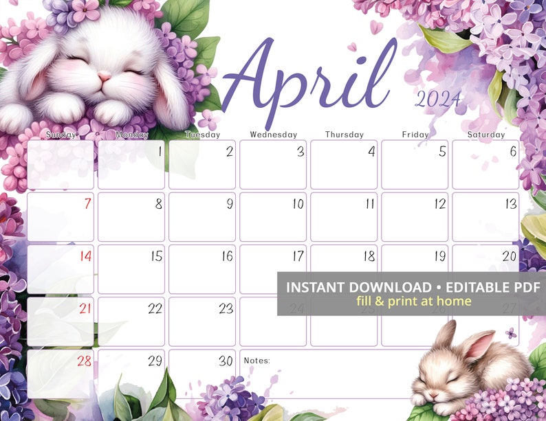 Editable April 2024 Calendar, Floral Printable Fillable Planner With a
