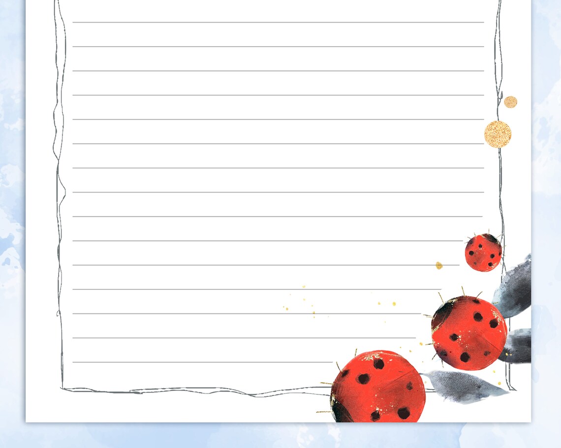 Ladybug Note Paper Printable Stationery Lined Paper With Ladybug and Leaves, Printable ...