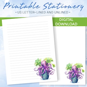 Papel rayado imprimible, Papel para escribir imprimible con pulpo en una maceta, Papel para escribir cartas, Bloc de notas personalizado