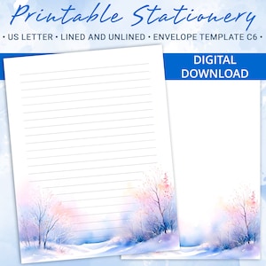Papel rayado imprimible, papel para escribir imprimible con paisaje invernal, papel para escribir cartas, incluye plantilla de sobre C6