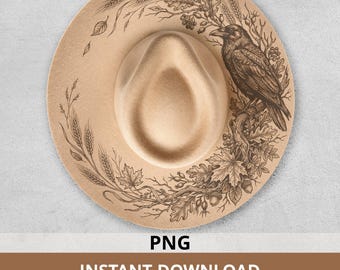 Raven Hat Burning Design PNG, Autumn Botanical Pattern with Oak and Acorns