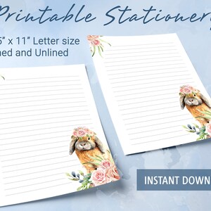 Papelería imprimible, papel de carta imprimible con conejo de acuarela con corona de flores, plantilla de Goodnotes
