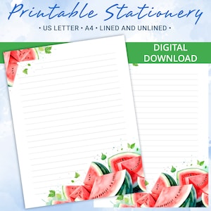 Papel rayado de papelería imprimible, papel para escribir cartas con sandías jugosas, tamaño A4 y carta estadounidense, plantilla Goodnotes, licencia comercial