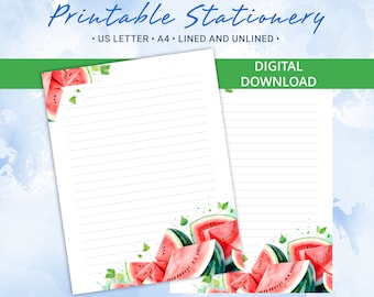 Printable Stationery lined paper, Letter writing Paper with juicy watermelons, A4 & US Letter Size, Goodnotes template, Commercial license