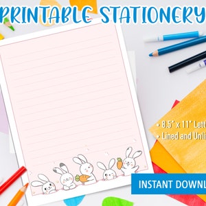 Papelería kawaii imprimible para niños, escritura de cartas imprimible con conejito blanco, papelería linda, feliz día de Pascua