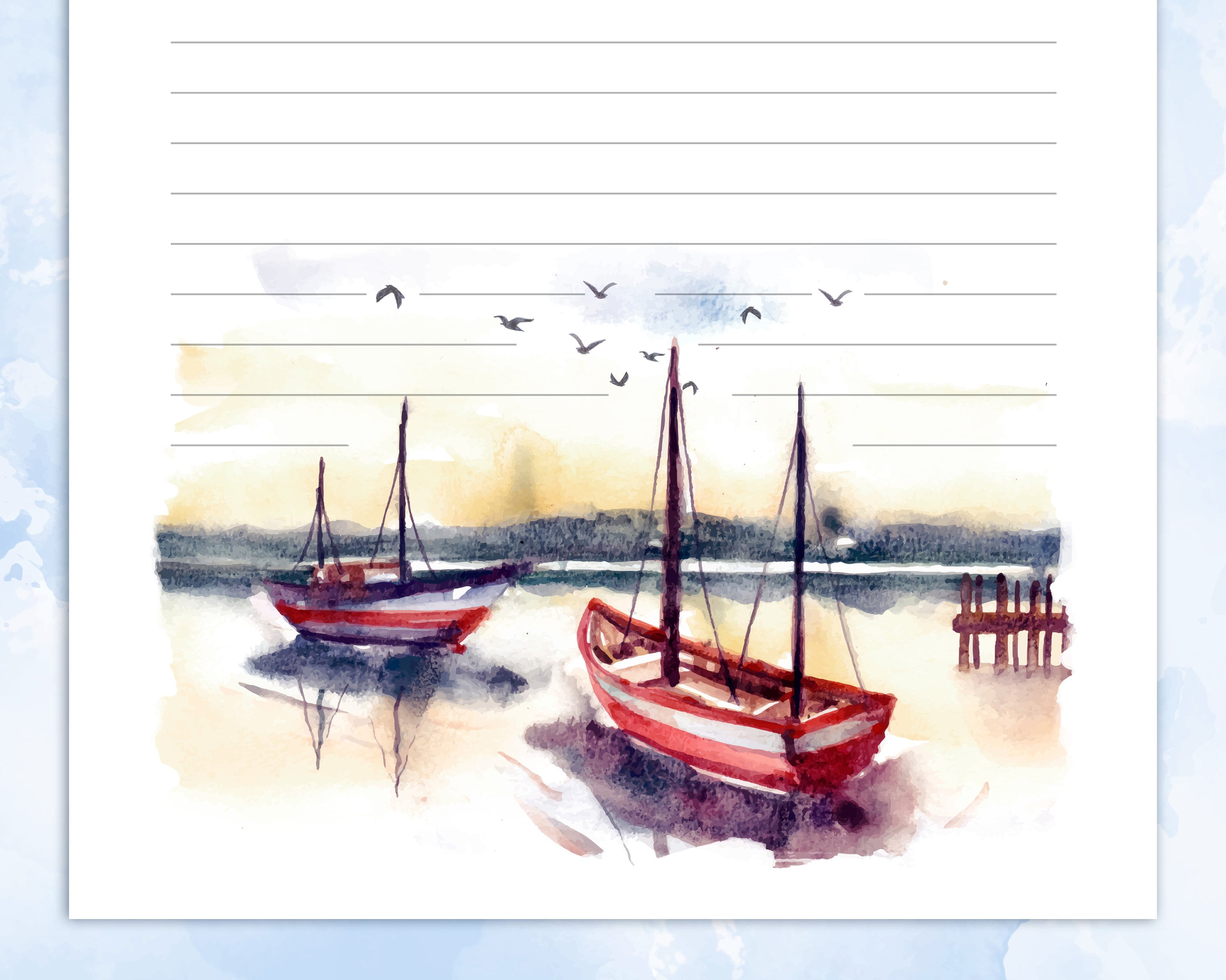 Printable Stationery With of Sunset Nature Landscape With Harbor and ...