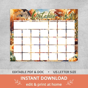 October 2026 Calendar Printable, Rustic Farmhouse Pumpkin Patch Editable Planner