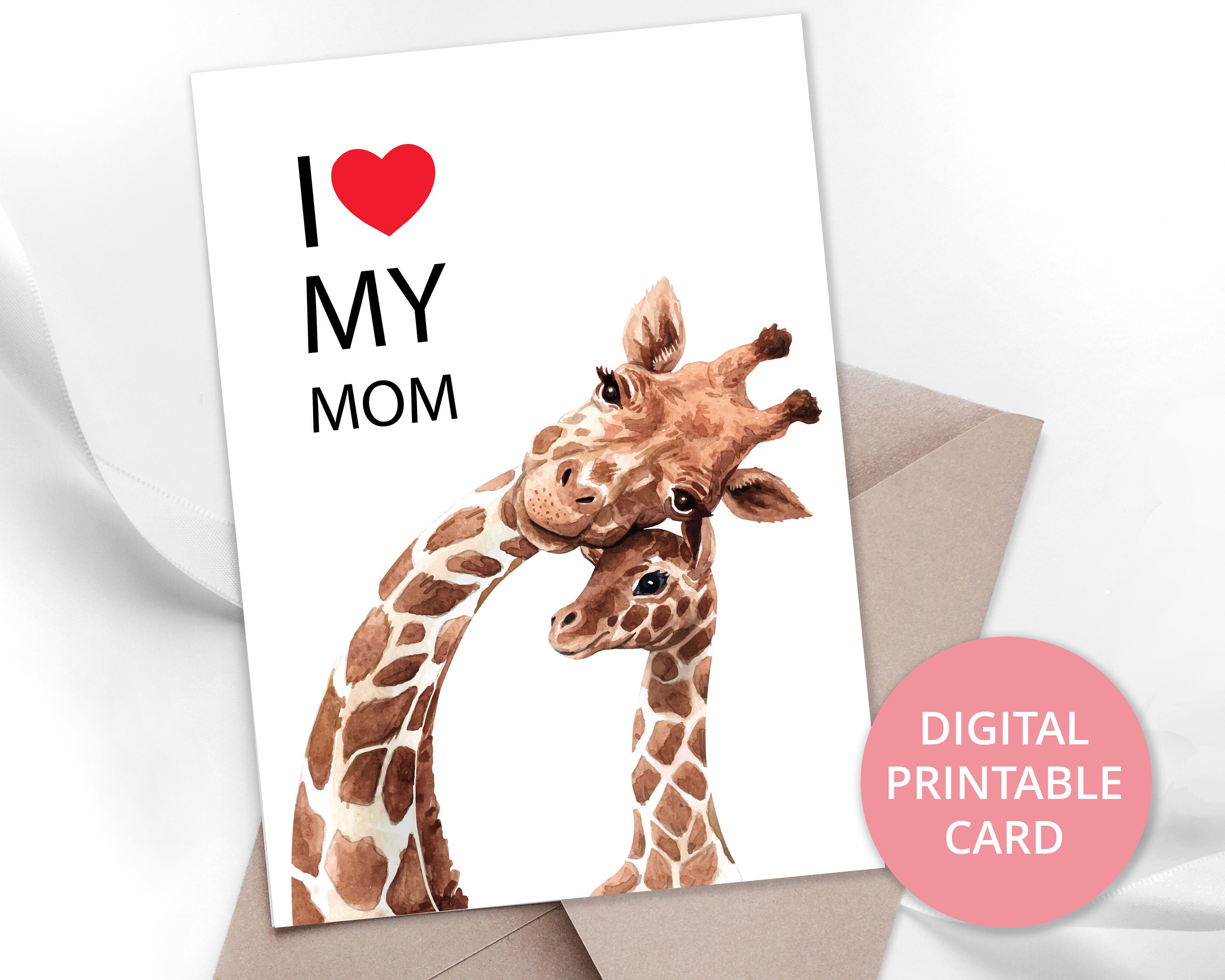 Mother's Day Card Printable With сute Giraffe Mom and Baby, Printable Greeting 5x7 Card, Card ...