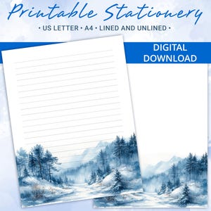 Papel pautado para papelaria para impressão, papel para escrever cartas com uma bela paisagem de inverno, tamanho A4 e US Letter, modelo Goodnotes