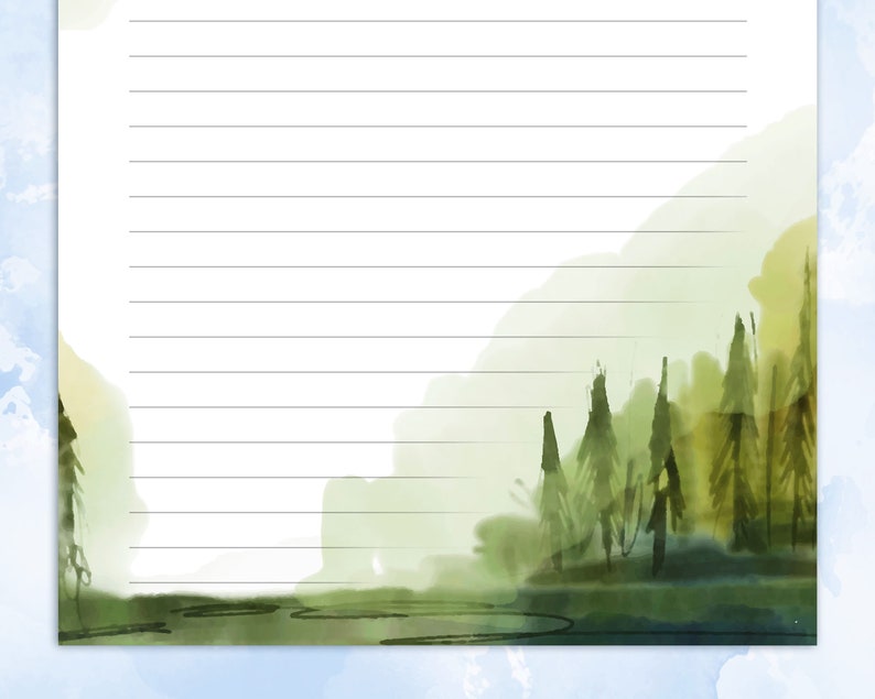 Printable Stationery Lined Paper With Mountain View Watercolor ...
