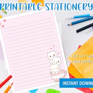 Papelería kawaii imprimible para niños, escritura de cartas imprimible con lindos gatos en taza, papelería linda, papelería para niñas
