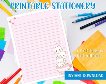 Kawaii Stationery Printable for kids, Printable Letter Writing with cute cats in cup, cute stationary, Girls Stationery