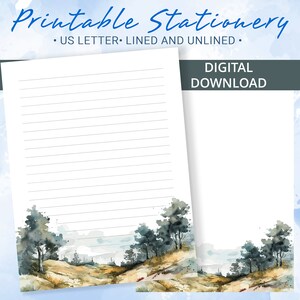 Papel rayado imprimible con colinas en la niebla, montañas y bosques, papel para escribir imprimible, plantilla de Goodnotes