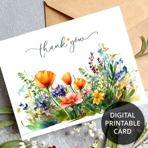 Biglietto di ringraziamento floreale stampabile con bellissimi fiori e papavero della California, biglietto di ringraziamento, biglietto di ringraziamento per matrimonio