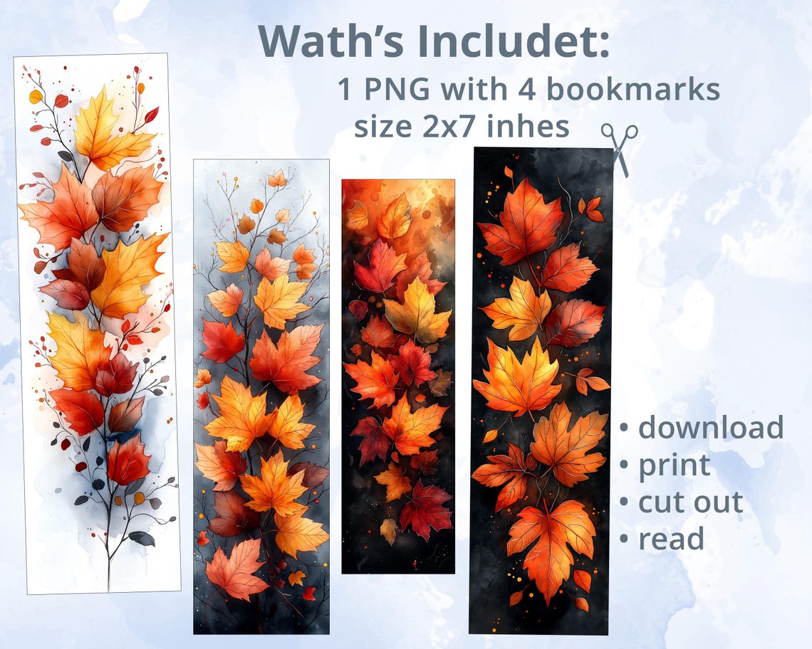 Printable Autumn Bookmarks Set, Bookmarks With Fall Leaves, Elegant ...
