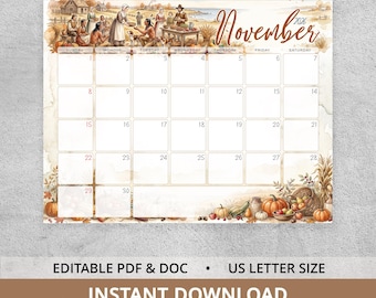 November 2026 Editable Calendar with First Thanksgiving, Printable Harvest Wall Planner