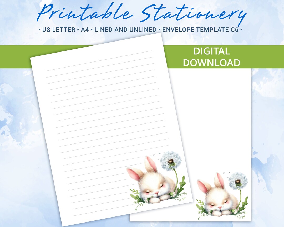 Printable Stationery Lined Paper, Letter Writing Paper With Cute Rabbit ...