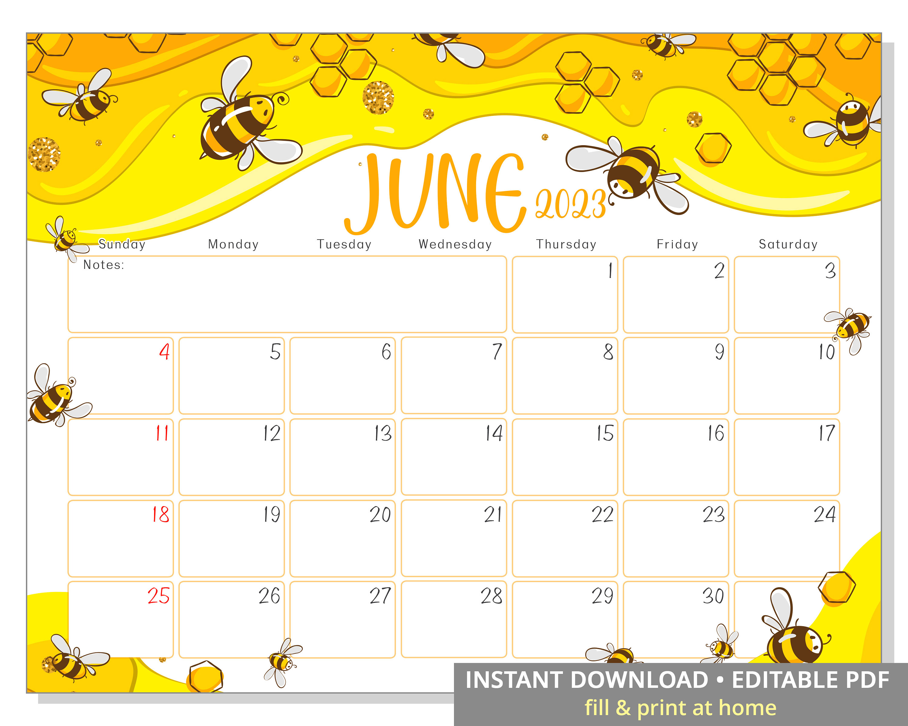 Editable June 2023 Calendar With Bees Wall Calendar 2023 - Etsy