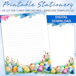 Papel de carta imprimible con fondo de Pascua, papel de carta imprimible con texto Feliz Pascua, plantilla Goodnotes, incluye plantilla de sobre