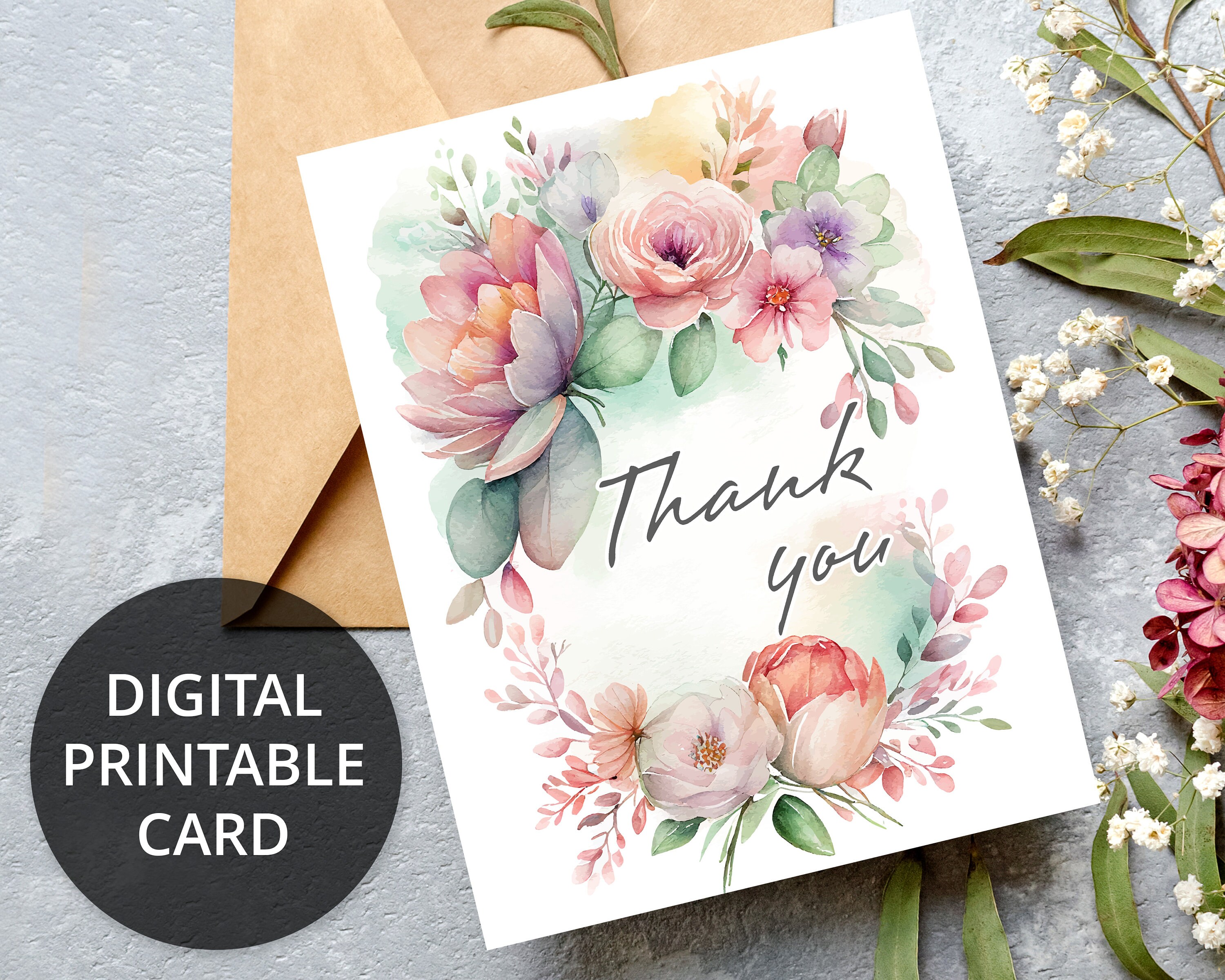 Floral Thank You Card Printable, Thank You Note, Instant Download PDF ...