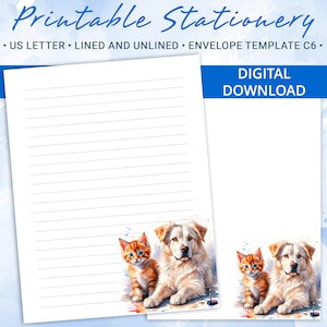 Papel rayado imprimible, papel para escribir imprimible con gatito y perro, papel para escribir cartas, incluye plantilla de sobre
