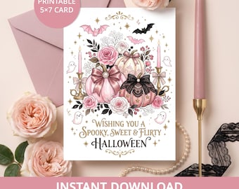 Halloween Card for Best Friend, Printable Pink Coquette Pumpkins with Lace Bows