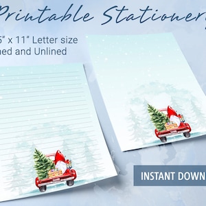 Papel rayado imprimible con camión rojo y lindo gnomo navideño, papel para escribir imprimible, plantilla de Goodnotes
