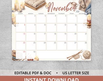 Cozy Editable November Calendar 2026, Printable Hygge Fall Planner