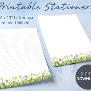 Papelería imprimible con motivos florales, papel para escribir imprimible con acuarela, césped verde y flores silvestres, plantilla de Goodnotes