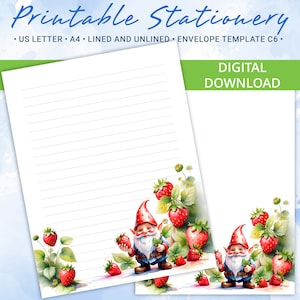 Papel rayado de papelería imprimible, papel para escribir cartas con lindos gnomos y fresas, tamaño A4 y carta estadounidense, incluye plantilla de sobre