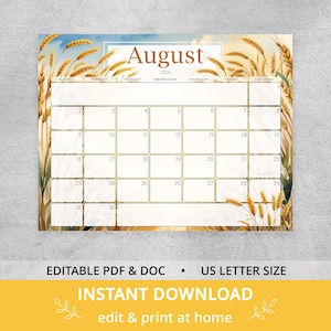 Pode incluir: Um calendário de agosto de 2026 com um design de campo de trigo. A grelha do calendário é branca com datas e dias da semana. As palavras "August 2026" estão no topo. A parte inferior do calendário diz "EDITABLE PDF & DOC • US LETTER SIZE" e "INSTANT DOWNLOAD".