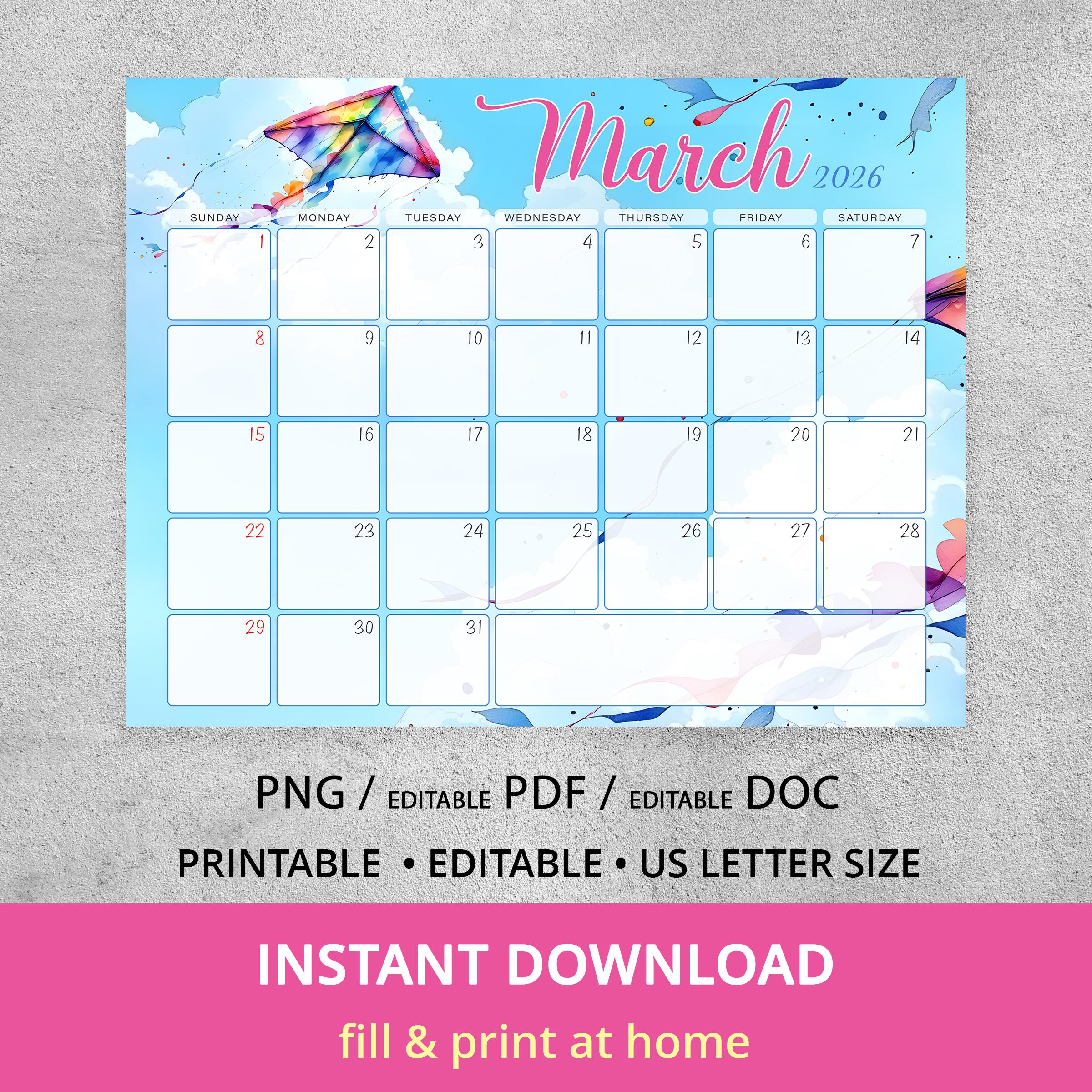 Editable March 2026 Calendar, US Letter Monthly Planner, PNG PDF Doc ...