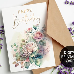 Printable Birthday Card, Printable floral Birthday Card, Digital Birthday card with bunch of roses, 5x7 Greeting Card, DIGITAL DOWNLOAD