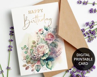 Printable Birthday Card, Printable floral Birthday Card, Digital Birthday card with bunch of roses, 5x7 Greeting Card, DIGITAL DOWNLOAD