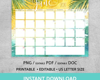 June 2026 Calendar Printable, Tropical Summer Monthly Planner in Editable PDF and Word