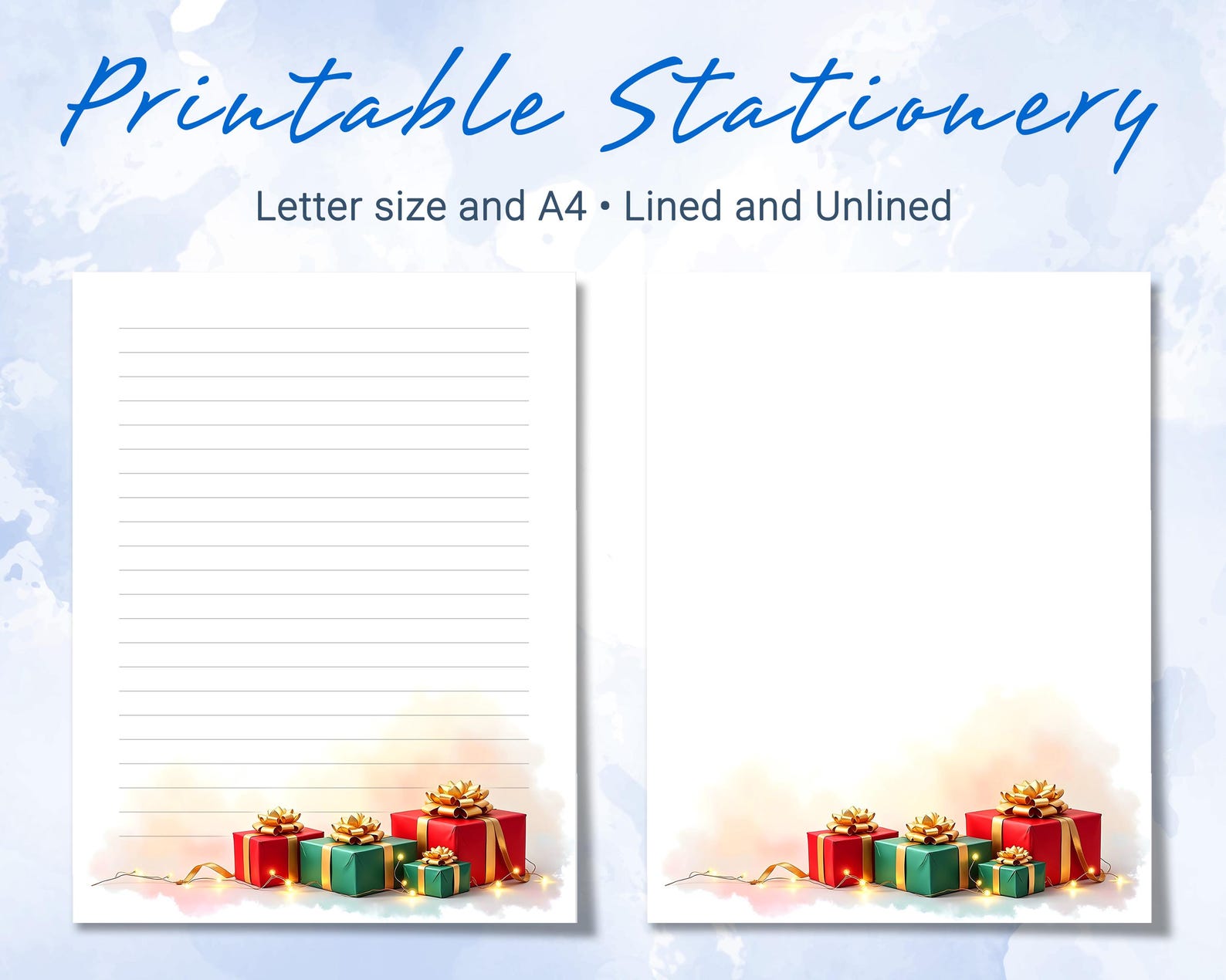 Presents Text Writing Printable Stationery Lined Paper, Letter Writing Paper With Christmas ...