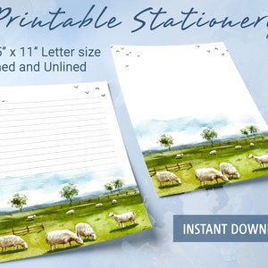 Papel rayado imprimible con acuarela, paisaje natural de granja de ovejas en la sabana, papel para escribir imprimible, plantilla de Goodnotes