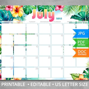Calendario de julio de 2025 editable, calendario de verano con hojas y flores tropicales de colores, tamaño carta, inicio en domingo, licencia comercial.