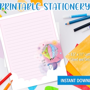 Papelería imprimible para niños, escritura de cartas imprimible con un lindo animal raya feliz volando, papelería linda